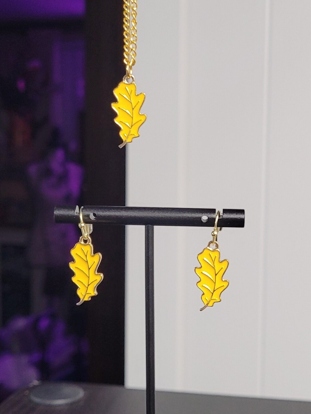 Hand Crafted Yellow Leaf Necklace and Earrings Set NWT